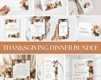 Könnte beinhalten: Ein druckbares Thanksgiving-Dinner-Paket mit rustikalem Herbstthema. Das Paket beinhaltet ein Willkommens-Schild, eine Speisekarte, Platzkarte, ein Schild für ein Gästebuch und eine druckbare Einladung. Das Design zeigt Herbstfarben, Kürbisse und florale Elemente.