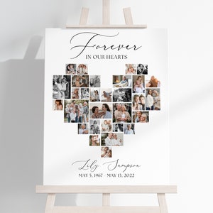 Funeral Heart Photo Collage Poster TEMPLATE, Celebration of Life Memory Board Heart Shaped, Memorial Photo Display Sign for men or women