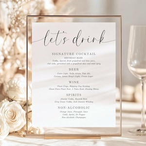 Minimalist Drinks Menu TEMPLATE for Birthday or Wedding, Elegant Printable Bar Drink Menu Card, Canva Template Instant Download
