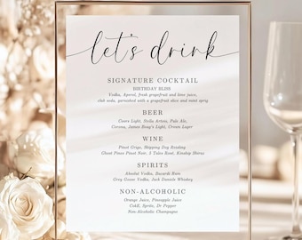 Minimalist Drinks Menu TEMPLATE for Birthday or Wedding, Elegant Printable Bar Drink Menu Card, Canva Template Instant Download