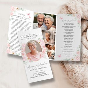 Tri-fold Funeral Program TEMPLATE, Pink Roses with Butterflies, Celebration of Life Order of Service, Memorial Program Obituary, F5