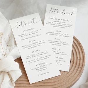 Double Sided Drinks and Dinner Menu TEMPLATE for Birthday or Wedding, Elegant Minimalist Printable Bar and Food Drink Card, Canva Template