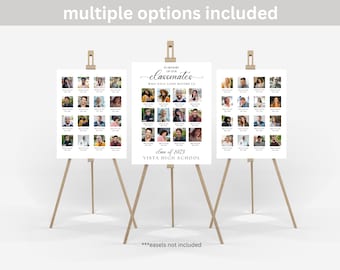 May include: Three white poster boards with black text and photos of people on them. The text reads "In Memory of Our Classmates Who Have Gone Before Us" and "Class of 1973 Vista High School". The poster boards are on easels.