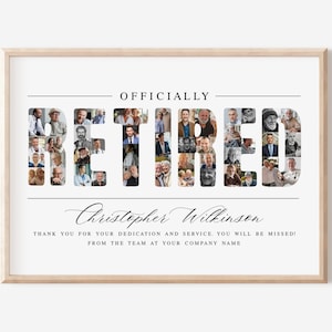 Op de afbeelding: Een ingelijste print met het woord "RETIRED" in grote letters, elk gevuld met een collage van foto's. De tekst "OFFICIALLY" staat erboven en "Christopher Wilkinson" staat eronder, met een bedankbericht. De lijst is lichtbruin.