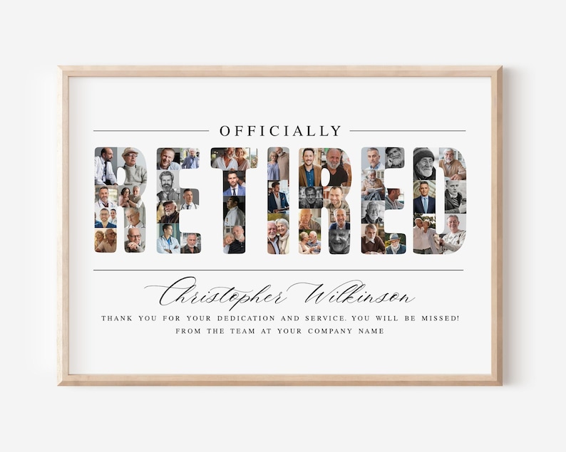 Op de afbeelding: Een ingelijste print met het woord "RETIRED" in grote letters, elk gevuld met een collage van foto's. De tekst "OFFICIALLY" staat erboven en "Christopher Wilkinson" staat eronder, met een bedankbericht. De lijst is lichtbruin.