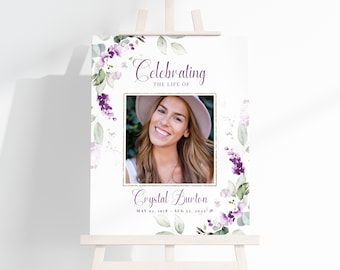 Celebration of Life Poster TEMPLATE for Women Lavender, Lilac Funeral Welcome Sign, Memorial Photo Display Sign with Gold Border