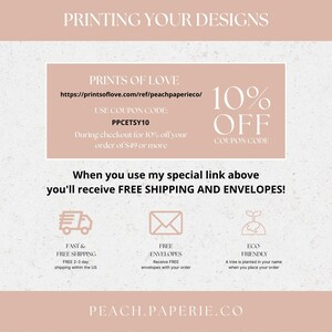Może przedstawiać: Grafika w kolorze r&oacute;żowym i białym z tekstem "PRINTING YOUR DESIGNS" i "PRINTS OF LOVE" z linkiem do strony internetowej. Grafika zawiera r&oacute;wnież kod rabatowy 10%, PPCETSY10, oraz wiadomość o bezpłatnej wysyłce i kopertach przy użyciu linku. Grafika zawiera r&oacute;wnież ikony dla szybkiej i bezpłatnej wysyłki, bezpłatnych kopert i ekologicznego.
