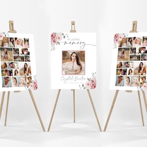 In Loving Memory Easel Sign Template Bundle, Celebration of Life Display Memorial Poster, Pink Floral Funeral Collage for Woman
