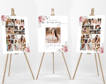 In Loving Memory Easel Sign Template Bundle, Celebration of Life Display Memorial Poster, Pink Floral Funeral Collage for Woman