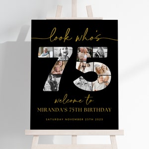 Black and Gold 75th Birthday Photo Collage TEMPLATE, Look Who&#39;s 75, Customizable Collage Board, Seventy Five Montage Display Poster, BG1