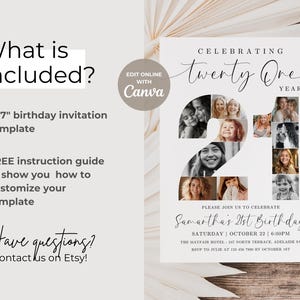 May include: A white 5x7 inch birthday invitation template with a photo collage of a 21st birthday celebration. The invitation features the text "Celebrating Twenty One Years" and "Samantha's 21st Birthday".