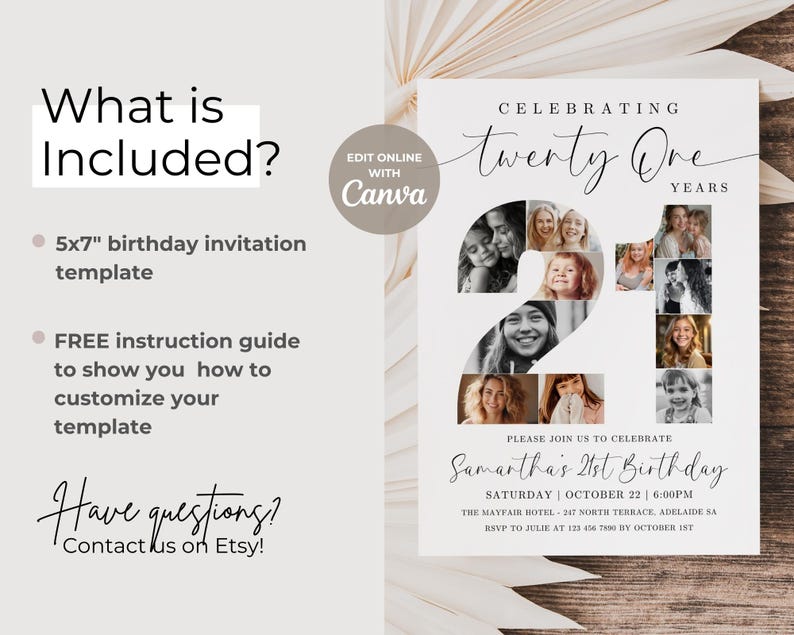 May include: A white 5x7 inch birthday invitation template with a photo collage of a 21st birthday celebration. The invitation features the text "Celebrating Twenty One Years" and "Samantha's 21st Birthday".