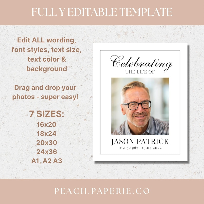 May include: A white template for a memorial card with a black border. The template has a photo of a man with glasses smiling. The text "Celebrating The Life Of" is at the top of the card. The text "Jason Patrick 01.05.1967 - 13.05.2022" is at the bottom of the card.