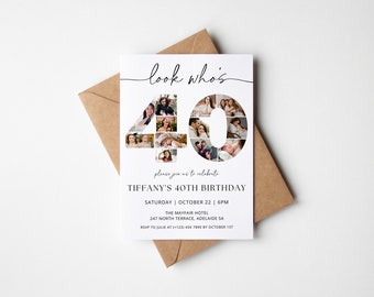 40th Birthday Invitation TEMPLATE with photo collage, Look Who's 40, Fortieth Party Stationery, Black and White Minimalist, Modern Invite