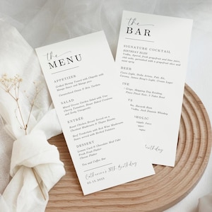 Double Sided Drinks and Dinner Menu TEMPLATE for Birthday or Wedding, Elegant Minimalist Printable Bar and Food Drink Card, Canva Template
