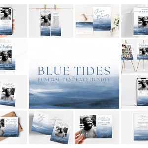 Blue Funeral Template Bundle, Male Memorial Stationery Set, Edit Yourself Template Bundle, Masculine Celebration of Life Funeral Set