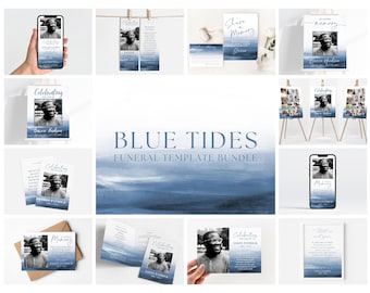 Blue Funeral Template Bundle, Male Memorial Stationery Set, Edit Yourself Template Bundle, Masculine Celebration of Life Funeral Set