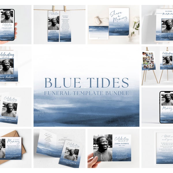 Blue Funeral Template Bundle, Male Memorial Stationery Set, Edit Yourself Template Bundle, Masculine Celebration of Life Funeral Set