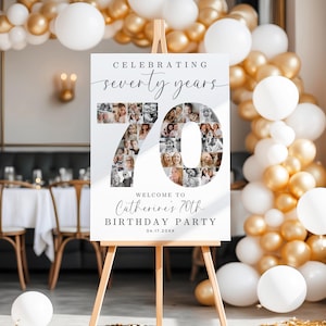 K&ouml;nnte beinhalten: Ein wei&szlig;es Schild mit schwarzem Text, der "Celebrating seventy years" lautet und einer gro&szlig;en Zahl "70", die aus Fotos besteht. Das Schild sagt auch "Welcome to Catherine's 70th Birthday Party 04.17.20XX".