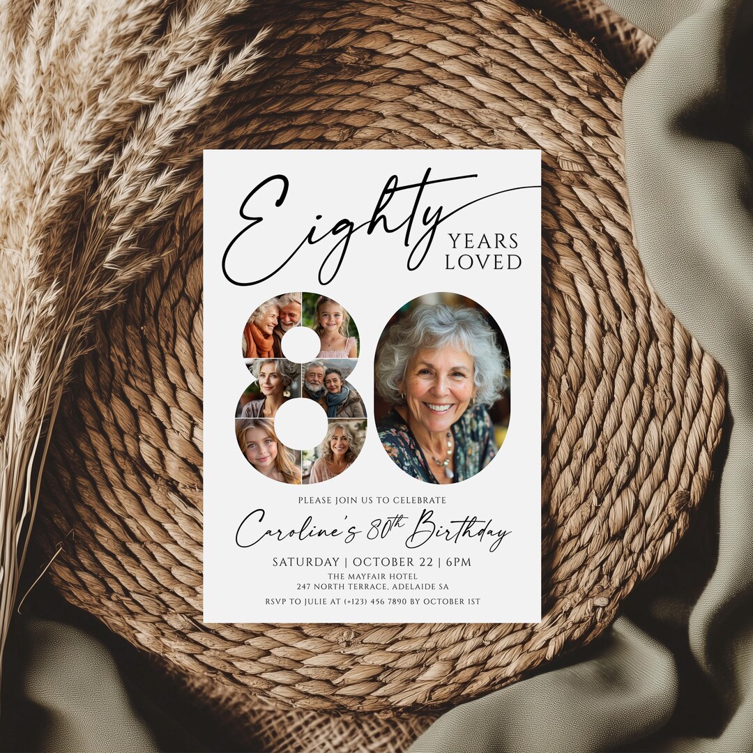 80th Birthday Invitation TEMPLATE With Photo Collage, Eighty Years ...
