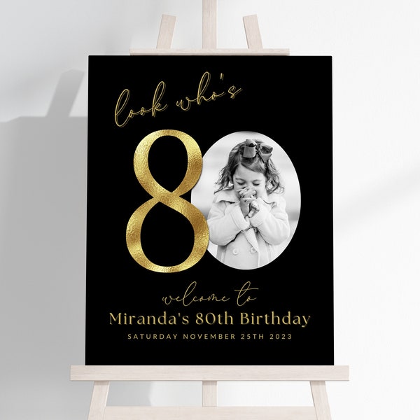 Black and Gold 80th Birthday Photo Collage TEMPLATE Black, Look Who's 80, Customizable Montage Display Poster, Eighty Milestone Modern