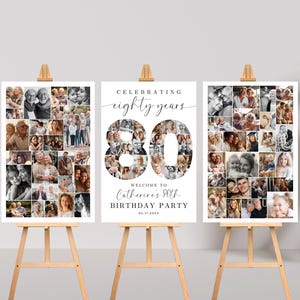Puede incluir: Tres carteles blancos con un collage de fotos de una familia celebrando un 80 cumpleaños. El cartel central tiene el texto "Celebrating eighty years" y "Welcome to Catherine's 80th Birthday Party".