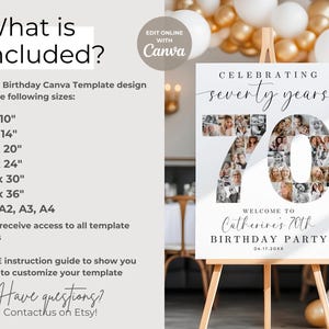 K&ouml;nnte beinhalten: Ein wei&szlig;es Schild mit einer Fotocollage f&uuml;r eine 70. Geburtstagsfeier. Das Schild lautet "Celebrating seventy years" und "Welcome to Catherine's 70th Birthday Party".