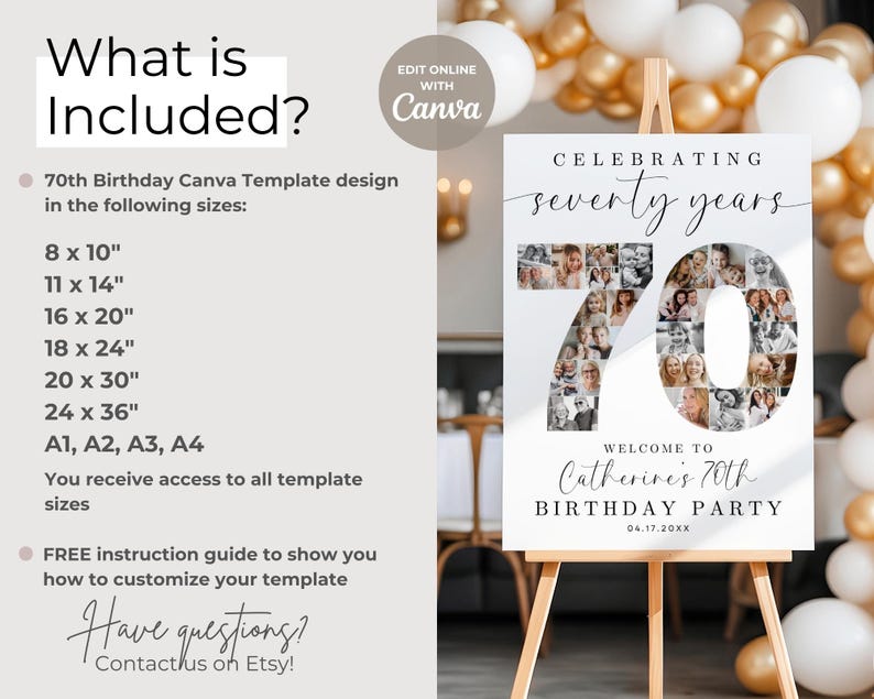K&ouml;nnte beinhalten: Ein wei&szlig;es Schild mit einer Fotocollage f&uuml;r eine 70. Geburtstagsfeier. Das Schild lautet "Celebrating seventy years" und "Welcome to Catherine's 70th Birthday Party".