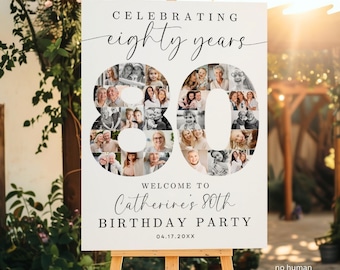 Può includere: Un cartello rettangolare bianco per festa di compleanno con il testo CELEBRATING eighty years e WELCOME TO Catherine's 80th BIRTHDAY PARTY 04.17.20XX. Il numero 80 è formato da un collage di varie fotografie in bianco e nero e a colori.