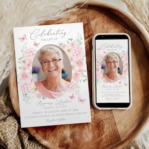 May include: A memorial card and a smartphone display a photo of a smiling woman surrounded by a floral frame. The card reads "Celebrating the Life of" and includes dates, time, and location details. Pink butterflies accent the design.