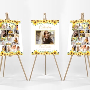Sunflower Memorial Sign TEMPLATE Bundle, Yellow Funeral Photo Collage for Woman, Celebration of Life Easel Display Poster for Mother, Wife