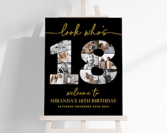 Black and Gold 18th Birthday Photo Collage TEMPLATE, Look Who's 18, Customizable Photo Collage Board, Montage Display Poster, BG1