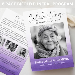8 Page Bifold Funeral Program TEMPLATE, Purple Celebration of Life Order of Service for Woman, Memorial Program Obituary, F9