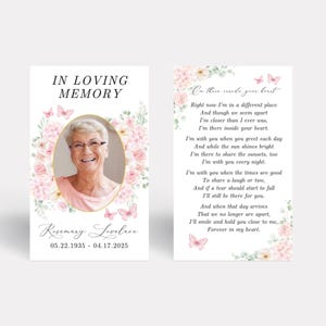 Pink Floral Memorial Card Template, Funeral Favors, Printable Prayer Card, Wallet Obituary Card, Celebration of Life, Memory Card, F5