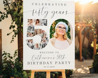 50th Birthday Photo Collage TEMPLATE, Celebrating 50 Years, Party Welcome Sign, Photo Montage Display Poster, Canva Template