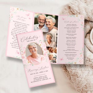 Tri-fold Funeral Program TEMPLATE, Pink Roses with Butterflies, Celebration of Life Order of Service, Memorial Program Obituary, F4