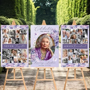 May include: Three purple and white floral photo collage memorial signs with the text "Celebrating the life of", "Never Forgotten", and "Always Remembered".