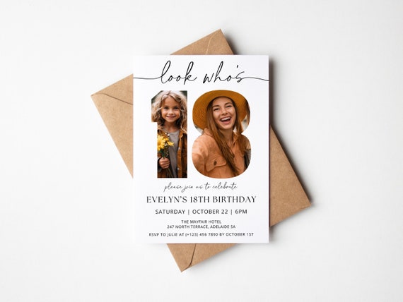18th Birthday Invitation TEMPLATE with photo collage, Look Who's 18, Eighteenth Party Stationery, Black and White Minimalist, Modern Invite