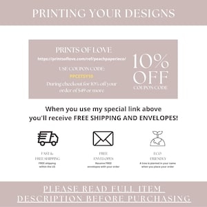 Puede incluir: Un gr&aacute;fico con el texto "PRINTING YOUR DESIGNS" y un c&oacute;digo de cup&oacute;n para un 10% de descuento en pedidos de 49&nbsp;&euro; o m&aacute;s de Prints of Love. El c&oacute;digo de cup&oacute;n es PPCETSY10. El gr&aacute;fico tambi&eacute;n incluye iconos para env&iacute;o r&aacute;pido y gratuito, sobres gratuitos y pr&aacute;cticas ecol&oacute;gicas.