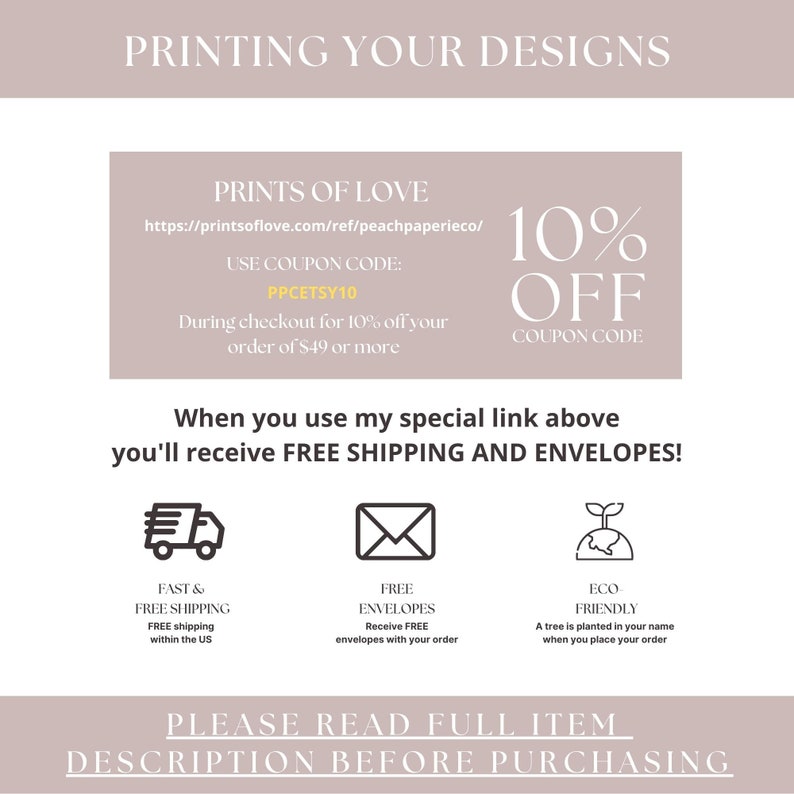 Puede incluir: Un gr&aacute;fico con el texto "PRINTING YOUR DESIGNS" y un c&oacute;digo de cup&oacute;n para un 10% de descuento en pedidos de 49&nbsp;&euro; o m&aacute;s de Prints of Love. El c&oacute;digo de cup&oacute;n es PPCETSY10. El gr&aacute;fico tambi&eacute;n incluye iconos para env&iacute;o r&aacute;pido y gratuito, sobres gratuitos y pr&aacute;cticas ecol&oacute;gicas.