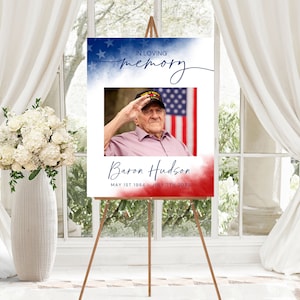Patriotic Celebration of Life Funeral Sign TEMPLATE, Flag Memorial Sign, Easel Collage Poster for Veteran, Military In Loving Memory SIgn