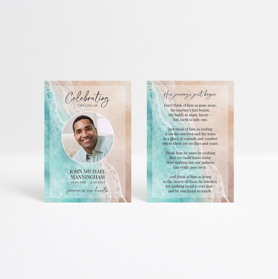 Beach Ocean Memorial Card Template for Men or Women, Funeral Favors