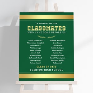 Class Reunion Memorial Poster TEMPLATE to Honor Deceased Classmates, School Reunion Display Sign, Green and Gold, Remembrance Board