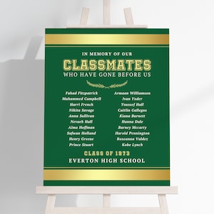 Class Reunion Memorial Poster TEMPLATE to Honor Deceased Classmates, School Reunion Display Sign, Green and Gold, Remembrance Board