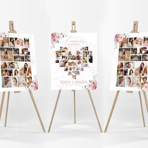 Rose Funeral Heart Collage Template SET, Minimalist Funeral Photo Collage for woman, Celebration of Life Easel Display Memorial Poster