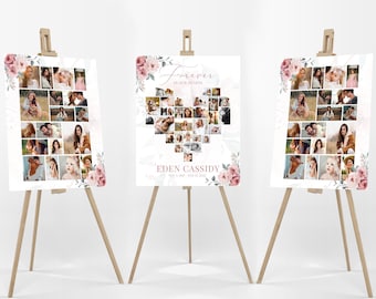Rose Funeral Heart Collage Template SET, Minimalist Funeral Photo Collage for woman, Celebration of Life Easel Display Memorial Poster