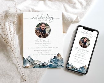 Funeral Announcement TEMPLATE Mountain, Celebration of Life Text Invitation, Digital Memorial Printable for Men