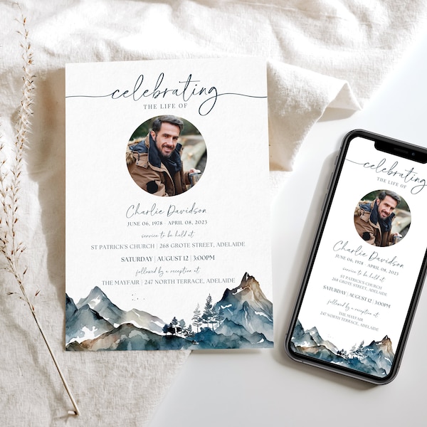 Funeral Announcement TEMPLATE Mountain, Celebration of Life Text Invitation, Digital Memorial Printable for Men