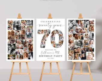 May include: Three white rectangular signs displayed on wooden easels. The outer signs feature photo collages. The centre sign displays the text CELEBRATING seventy years, a large number 70 filled with photos, and WELCOME TO Catherine's 70TH BIRTHDAY PARTY.