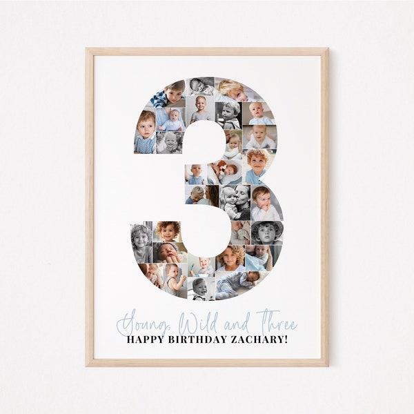 Birthday Photo Collage TEMPLATE for Three Year Old, Personalized 3rd Birthday Gift for Boy or Girl, Party Decor Ideas, Canva Picture Collage